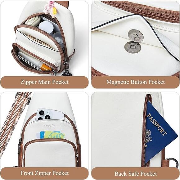 BOGO SALE NEW Vegan Leather Sling Crossbody Bag – White & Brown w/ Wide  Strap - Picture 2 of 5